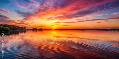 Sunset over calm lake with soft water ripples in subdued red hues and warm golden light