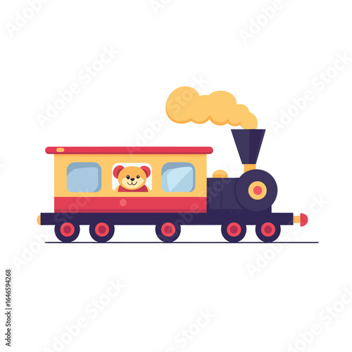 Cartoon train with a teddy bear conductor emitting a cloud of smoke