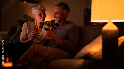 Mature couple enjoying a cozy evening with wine at home