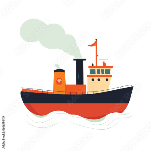 Cartoon tugboat with orange accents black hull and stylized smoke plume
