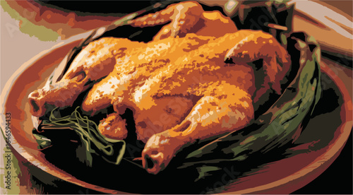 14082Close-up Photo of Balinese Ayam Betutu with Yellow Spices.
Close-up photography of Balinese Ayam Betutu, whole chicken marinated with yellow spices, wrapped in banana leaves, served on a wooden p