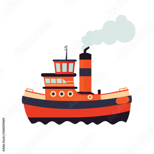 Cartoon tugboat with orange hull black accents and a puff of smoke