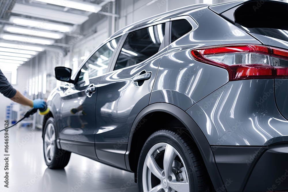 Naklejka premium Polishing a gray SUV in a factory