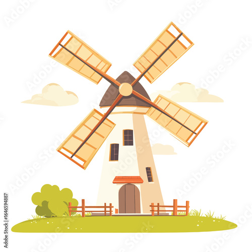 Cartoon Windmill with Four Blades and Wooden Fence on Green Grass