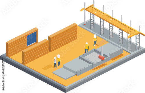 Construction site bustling with workers and heavy equipment, showcasing active building and development efforts.