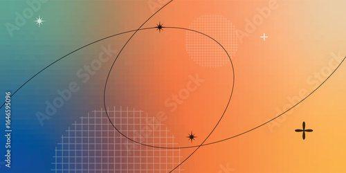 Vibrant Abstract Gradient Background With Stars, Curved Lines, and Geometric Grid Shapes Blending Blue, Green, and Orange for Modern Digital Art and Creative Design.