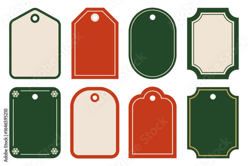 Minimal christmas tag set, clean rounded frames, to from labels, seasons greetings badge, soft teal and cream accents, vector template pack