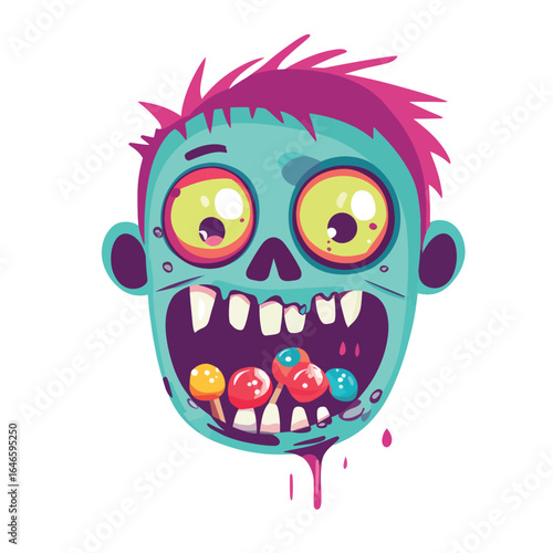 Cartoon Zombie Head Filled with Colorful Candies