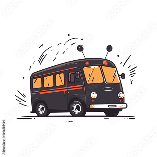Cartoonish black bus with orange accents and antennalike mirrors