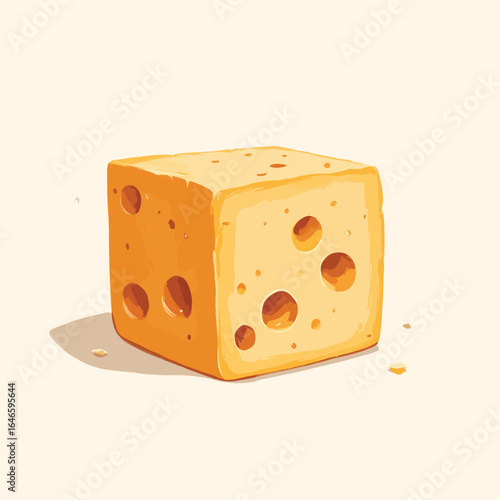 Cartoonish cube of cheese with holes and a small cheese crumb