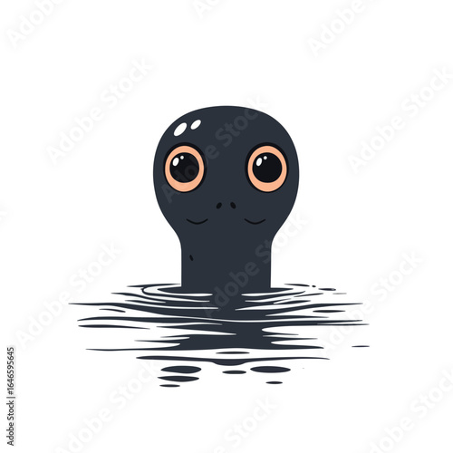 Cartoonish dark creature with peach eyes emerging from stylized water ripples