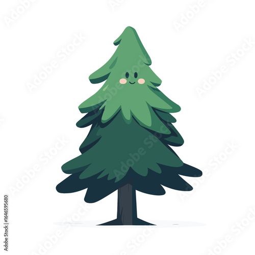 Cartoonish evergreen tree with a smiling face and pink cheeks