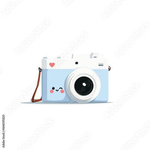 Cartoonish light blue camera with a winking face and a heart detail