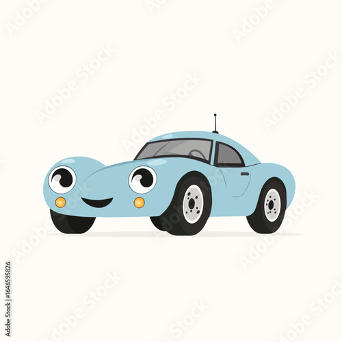 Cartoonish Light Blue Car with Large Eyes and a Smiling Expression