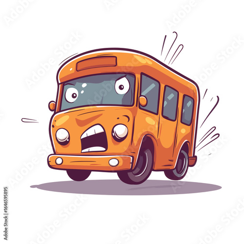 Cartoonish orange bus with wide eyes and open mouth expressing shock