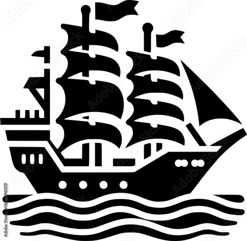 Minimalist black and white vector icon of a ship, clean lines, isolated on white, perfect for stickers, logos, scalable and clear at small sizes.