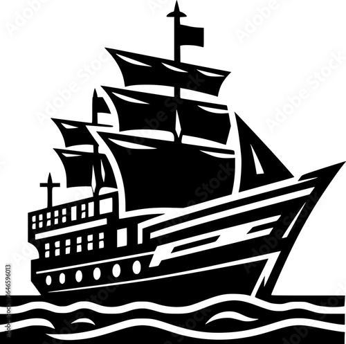 Minimalist black and white vector icon of a ship, clean lines, isolated on white, perfect for stickers, logos, scalable and clear at small sizes.