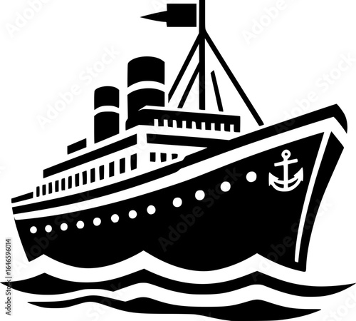 Minimalist black and white vector icon of a ship, clean lines, isolated on white, perfect for stickers, logos, scalable and clear at small sizes.