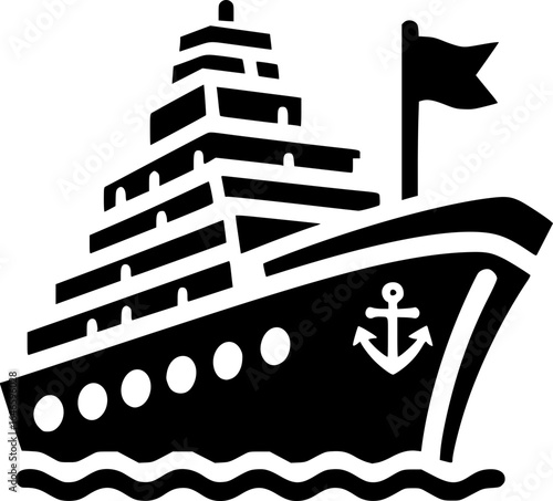Minimalist black and white vector icon of a ship, clean lines, isolated on white, perfect for stickers, logos, scalable and clear at small sizes.