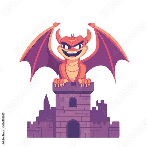 Cartoonish Red Dragon Perched Atop a Purple Stone Castle Tower