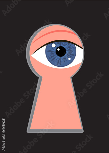 Keyhole and prying eye. Curious somebody looks through keyhole. Confidential, someone mysterious, and private information concept. Stock illustration