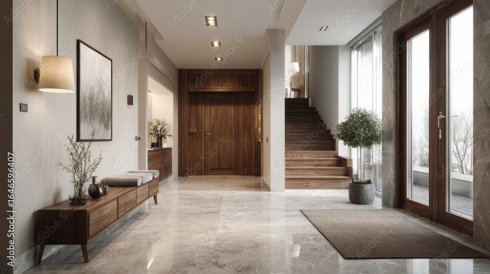 Obraz premium Luxury interior design of modern entrance hall with door and staircase in villa.