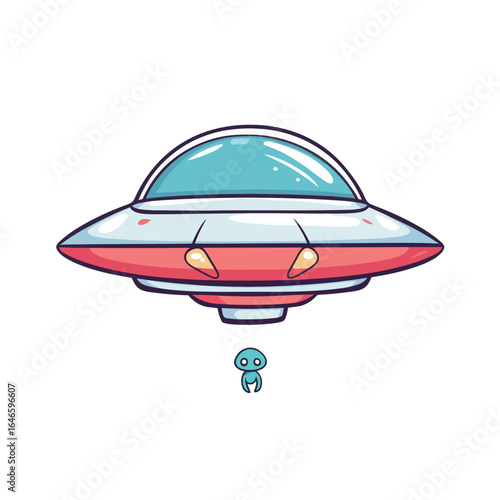 Cartoonish UFO with a Small Blue Alien Being Teleported Downward