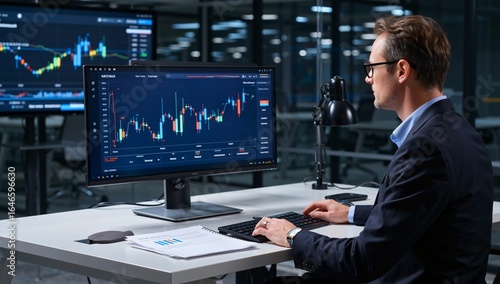 Analyzing Financial Markets: A Professional Trader Navigating Complex Data and Trends on his Computer Screen with Charts, Graphs, and Real-time Market Information.