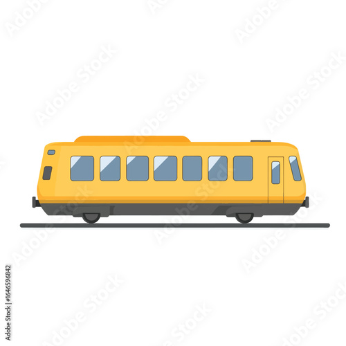 Cartoonish Yellow Train Car with Gray Wheels on Dark Gray Tracks
