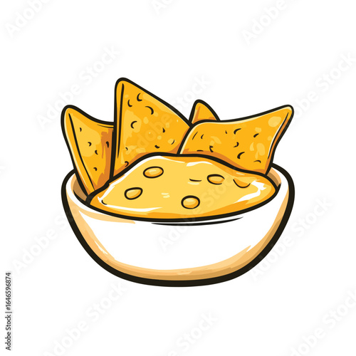 Cartoonstyle bowl of cheese dip with tortilla chips featuring a bold outline and bright colors