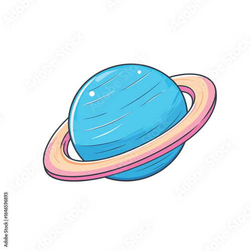 Cartoonstyle blue planet with pink and peach ring system outlined in dark blue