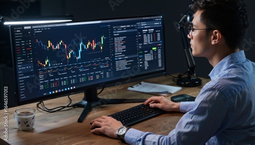 Wallpaper Mural Focused Individual Analyzing Financial Data with a Cup of Coffee, Charting Market Trends and Making Investment Decisions. Torontodigital.ca