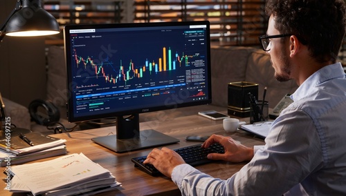Analyzing Financial Markets: A Young Professional Studies Stock Charts on a Computer Screen, Navigating Investments and Planning Financial Strategies at His Desk.