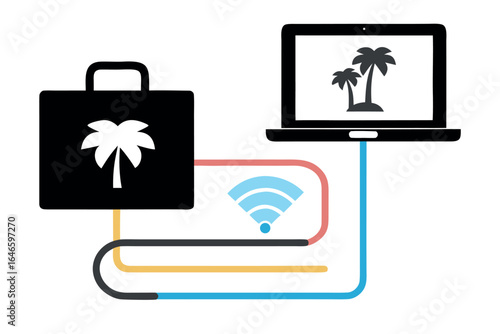 Briefcase Connected To Laptop With Palm Trees Via Wi- Fi luggage travel