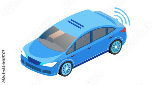 Isometric blue car with wifi signal autonomous vehicle self driving technology modern transportation system design