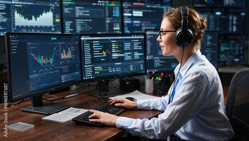 Focused Analyst Monitoring Financial Data on Multiple Screens, Utilizing Analytics for Strategic Investment Planning in a Dynamic Market Environment.