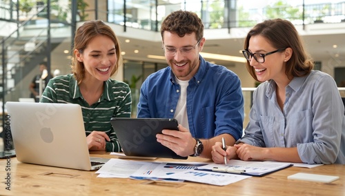 Collaborative Team Gathers Around Table Analyzing Charts and Data Using Laptop and Tablet for Insightful Decision Making.
