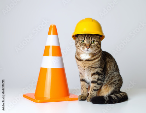 Safety Concept with Cat, Yellow Hard Hat and Traffic Cone, Clean Background