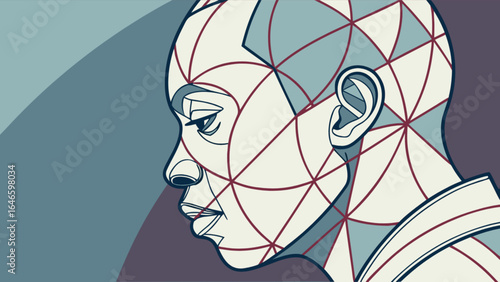 Abstract geometric portrait drawing of a person with intersecting lines and shapes design concept art