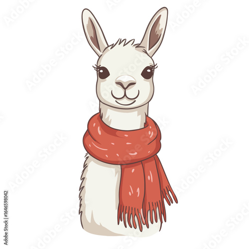 Charming White Llama Portrait Wearing a Red Scarf