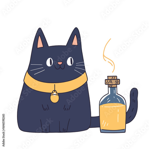 Cheerful Black Cat with Golden Collar and Potion Bottle