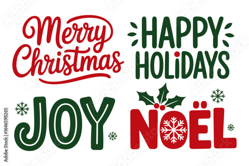 Merry Christmas happy holidays joy noel, winter sparkle accents, holiday phrase collection, signage friendly poster, vector typography pack