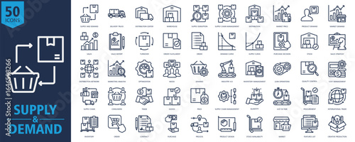 Supply and Demand Icon Set Outline with supply and demand, delivery truck, distribution center, warehouse, supply disruption, supply chain management, distribution