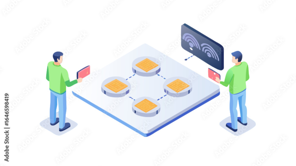 Isometric network diagram with wifi signal and people using devices for connection and communication Isometric network diagram with wifi signal and people using devices for connection and communication