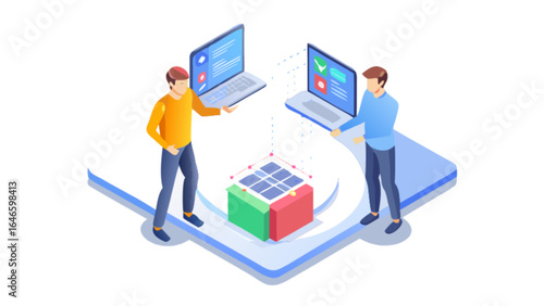 Isometric collaboration software development team working on project with laptops and cube model