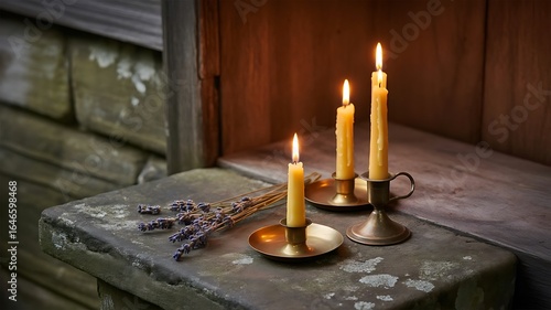 Warm glow of three lit beeswax candles in vintage brass holders on a rustic surface