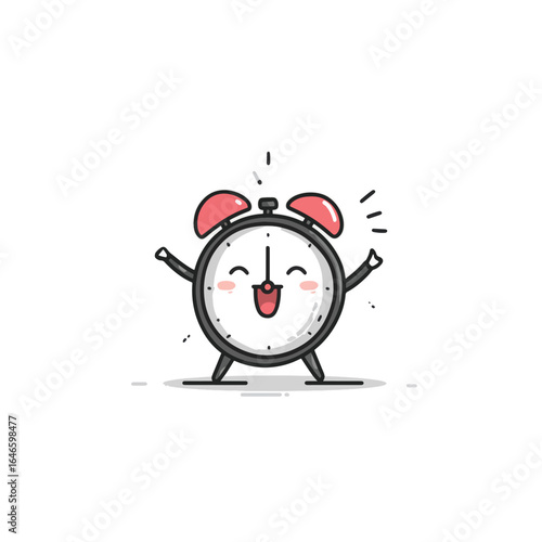 Cheerful Cartoon Alarm Clock with Pink Cheeks and Raised Arms