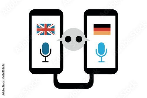 Two smartphones showing flags and microphones connected by a robot head mobile technology