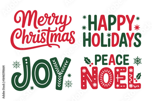 Merry Christmas and Happy Holidays Joy and Peace Noel, festive title art, modern winter typography, red green palette vector icons