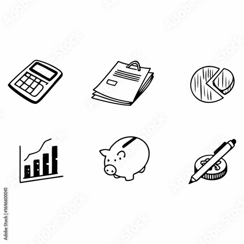 Hand drawn illustration of financial tools and concepts isolated on white background